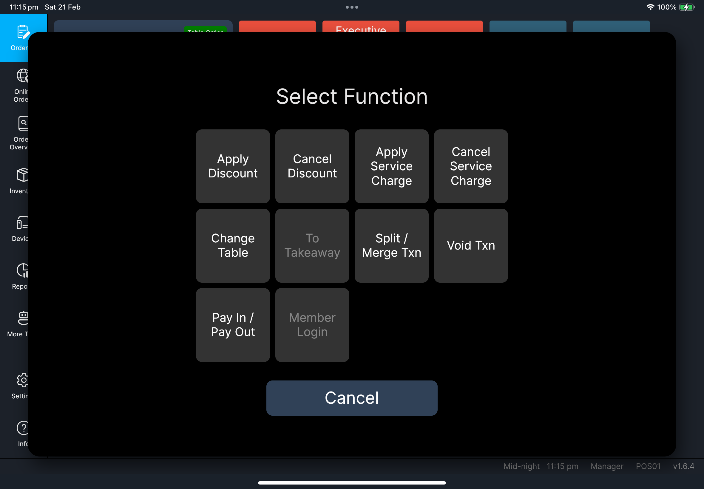Order function menu