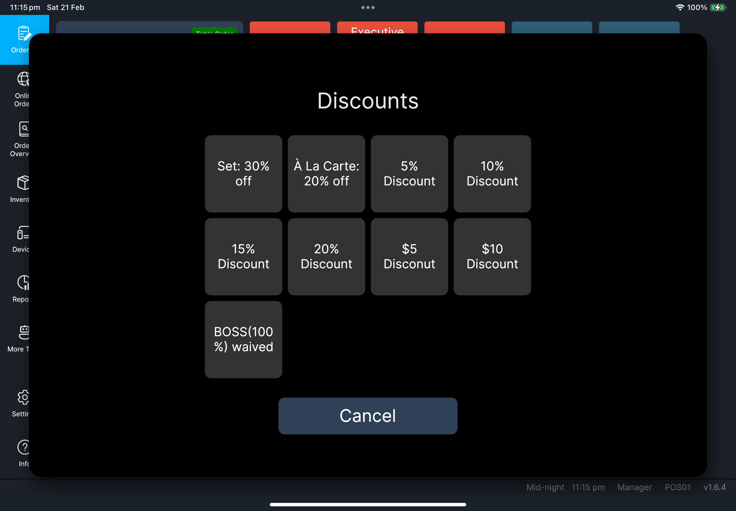 Apply Discount dialog: choose a discount for this order