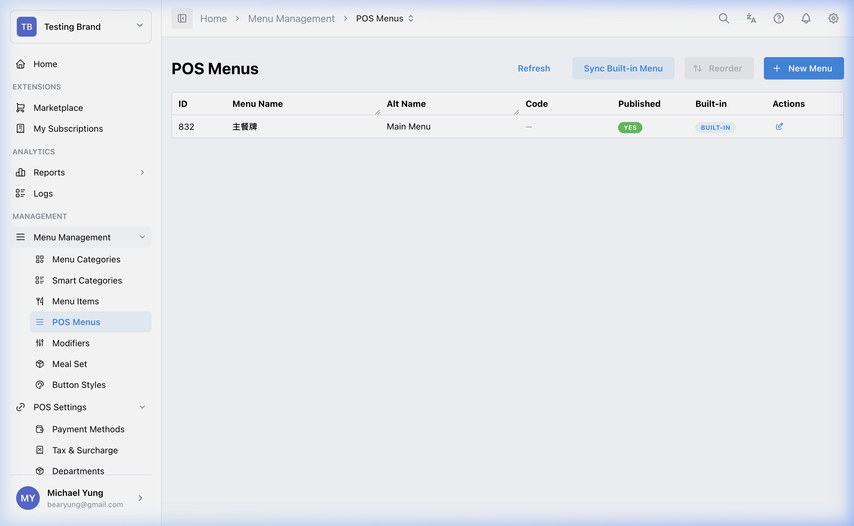 POS Menus List