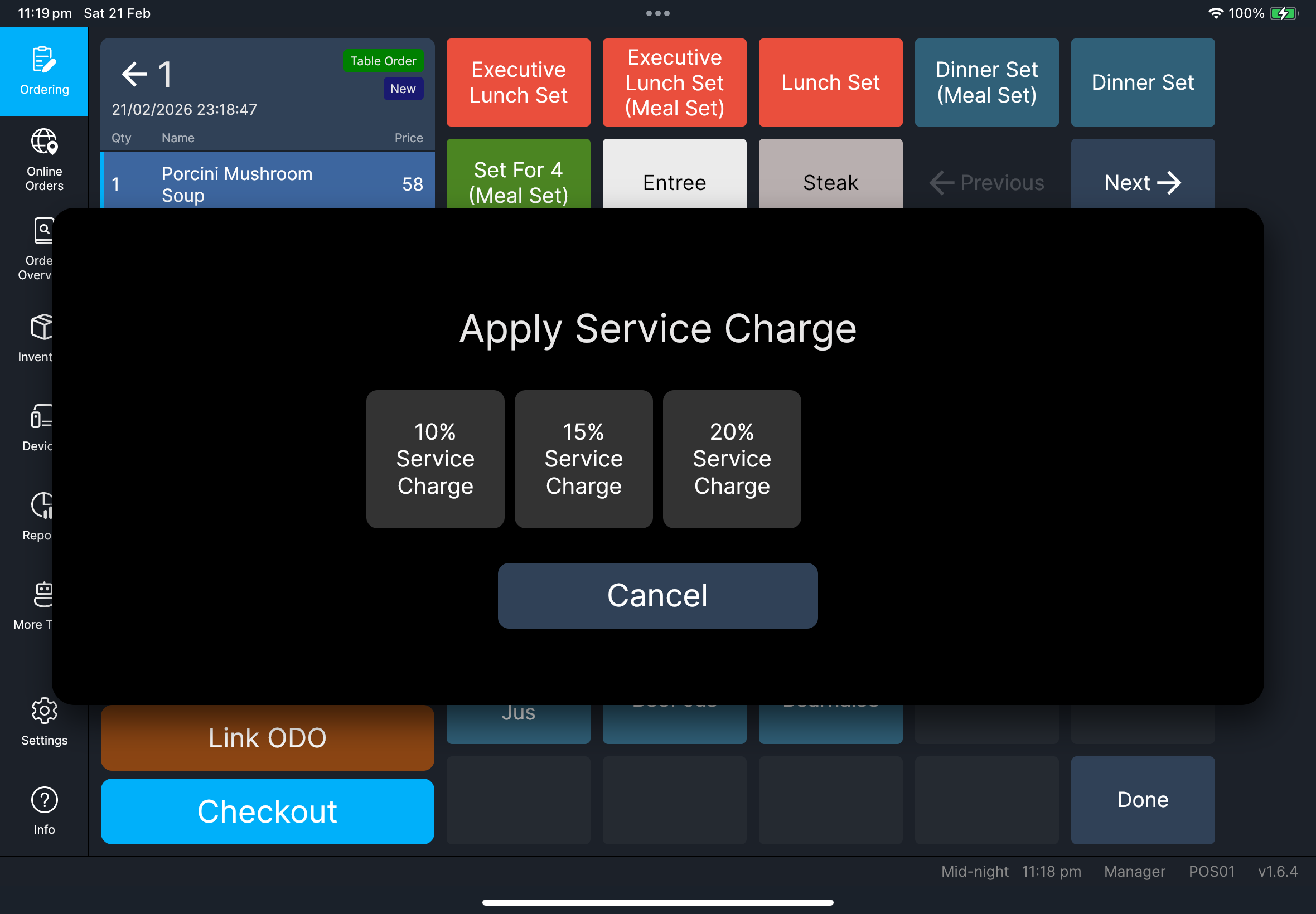 套用 Service Charge dialog: 選擇 a 服務費 供 這 訂單